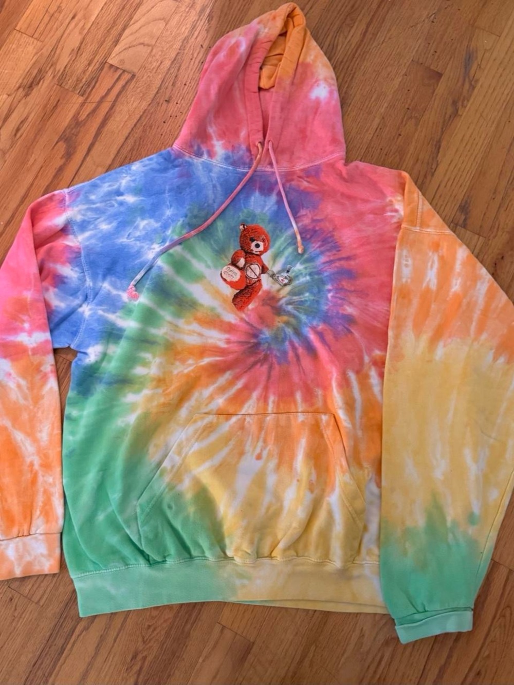 Multicolor Tie-Dye Hoodie Sweatshirt with Bear Patch - Men